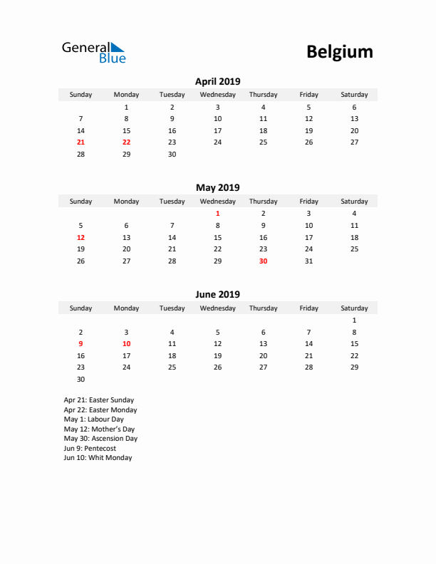 Printable Quarterly Calendar with Notes and Belgium Holidays- Q2 of 2019