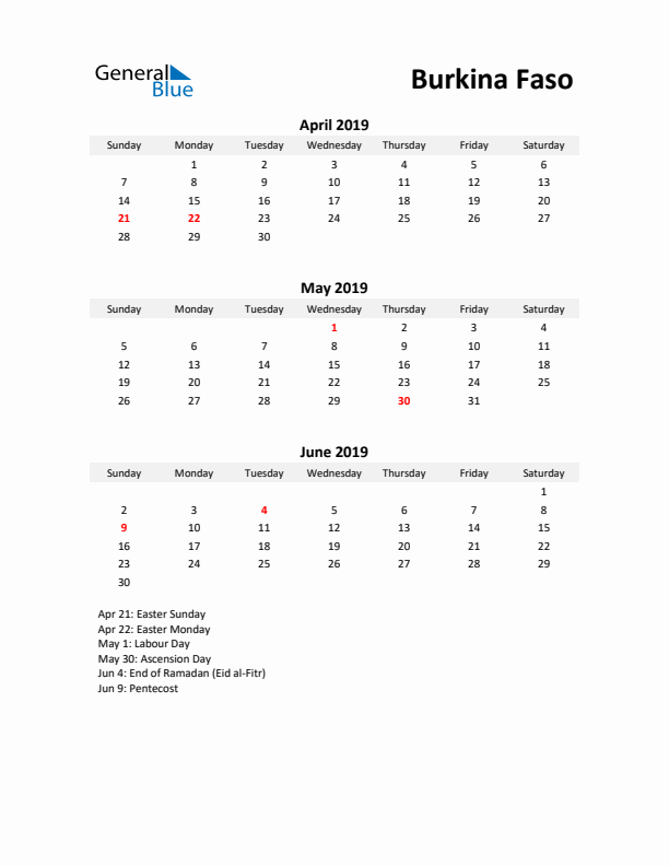 Printable Quarterly Calendar with Notes and Burkina Faso Holidays- Q2 of 2019