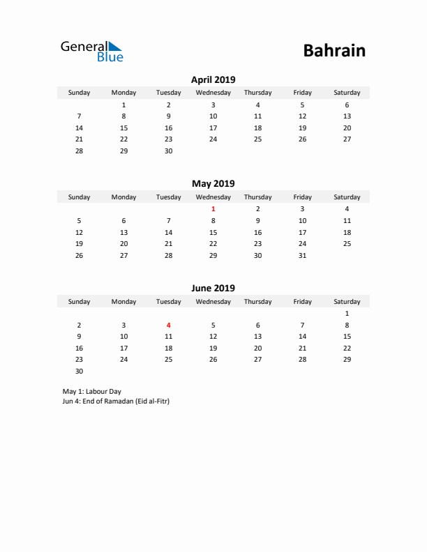 Printable Quarterly Calendar with Notes and Bahrain Holidays- Q2 of 2019