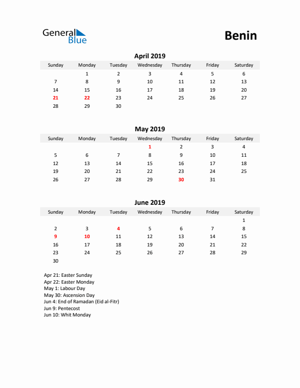 Printable Quarterly Calendar with Notes and Benin Holidays- Q2 of 2019