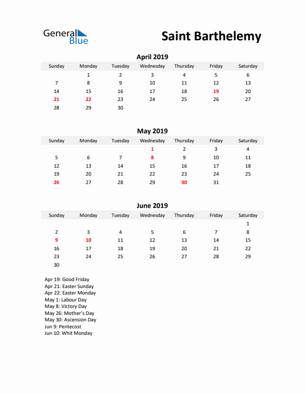 Printable Quarterly Calendar with Notes and Saint Barthelemy Holidays- Q2 of 2019