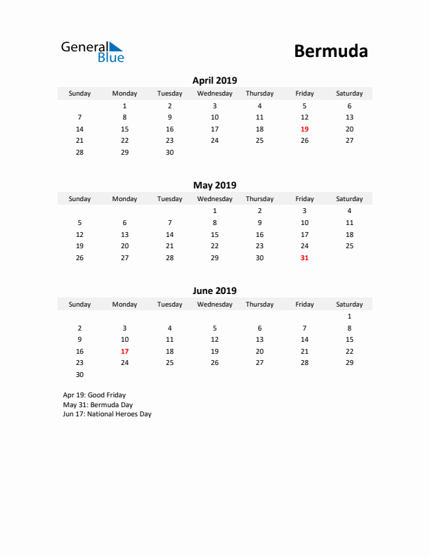 Printable Quarterly Calendar with Notes and Bermuda Holidays- Q2 of 2019