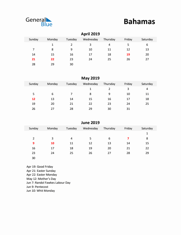 Printable Quarterly Calendar with Notes and Bahamas Holidays- Q2 of 2019