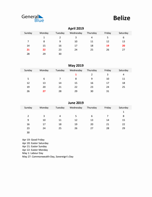 Printable Quarterly Calendar with Notes and Belize Holidays- Q2 of 2019