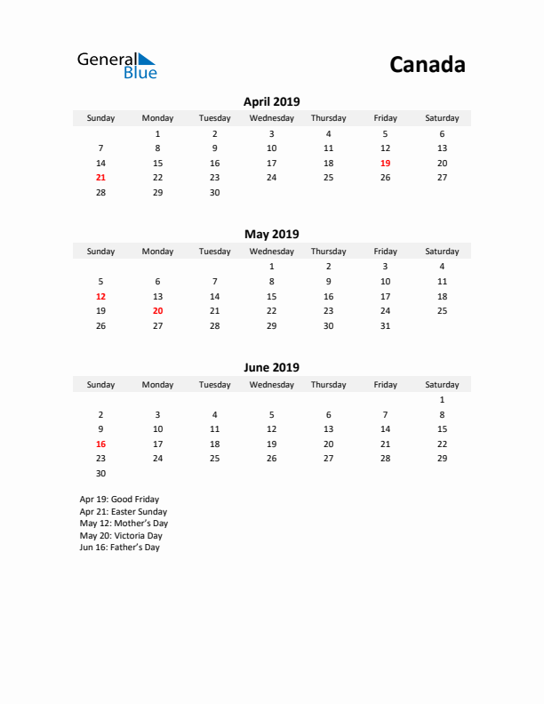 Printable Quarterly Calendar with Notes and Canada Holidays- Q2 of 2019