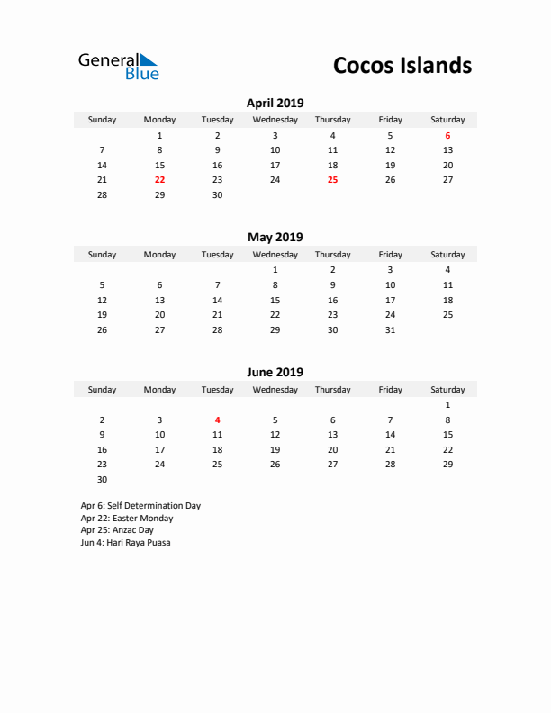 Printable Quarterly Calendar with Notes and Cocos Islands Holidays- Q2 of 2019