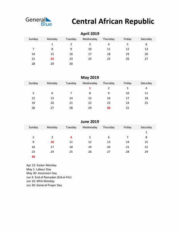 Printable Quarterly Calendar with Notes and Central African Republic Holidays- Q2 of 2019