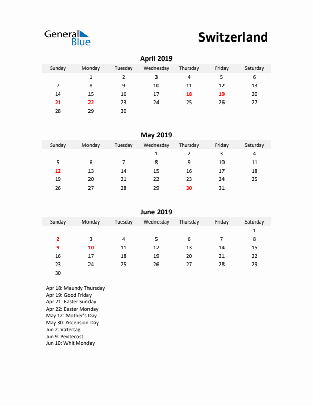 Printable Quarterly Calendar with Notes and Switzerland Holidays- Q2 of 2019