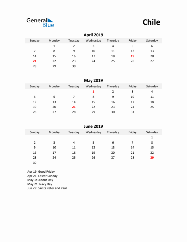 Printable Quarterly Calendar with Notes and Chile Holidays- Q2 of 2019