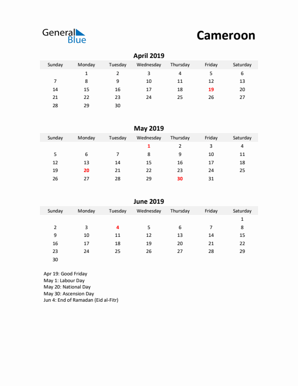 Printable Quarterly Calendar with Notes and Cameroon Holidays- Q2 of 2019