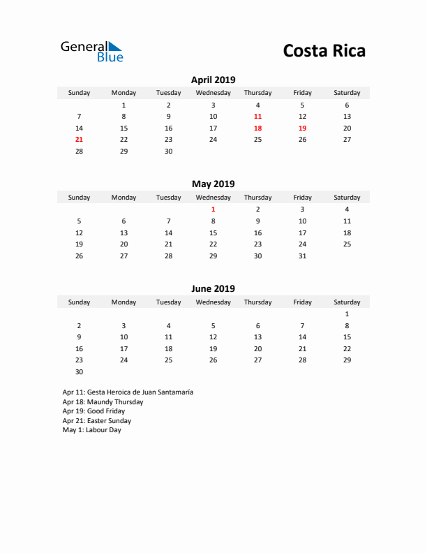 Printable Quarterly Calendar with Notes and Costa Rica Holidays- Q2 of 2019