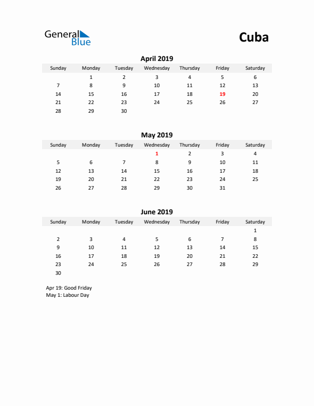 Printable Quarterly Calendar with Notes and Cuba Holidays- Q2 of 2019