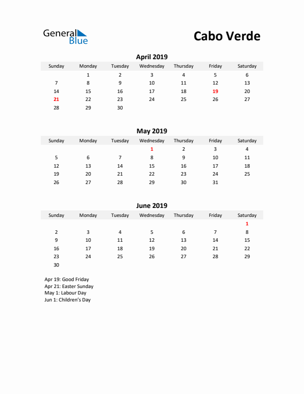 Printable Quarterly Calendar with Notes and Cabo Verde Holidays- Q2 of 2019