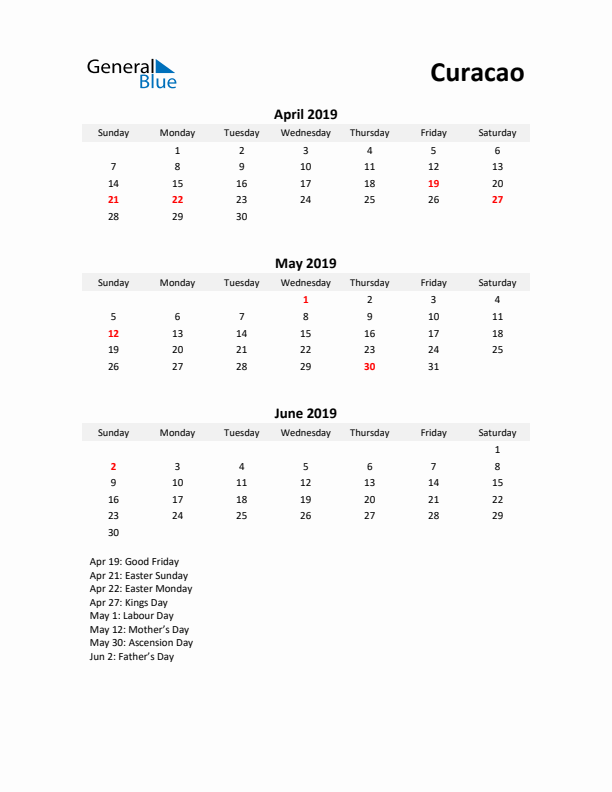 Printable Quarterly Calendar with Notes and Curacao Holidays- Q2 of 2019