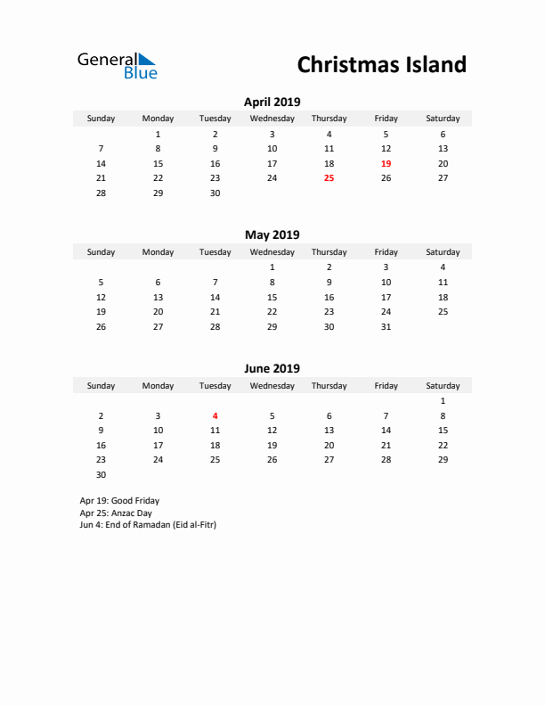 Printable Quarterly Calendar with Notes and Christmas Island Holidays- Q2 of 2019