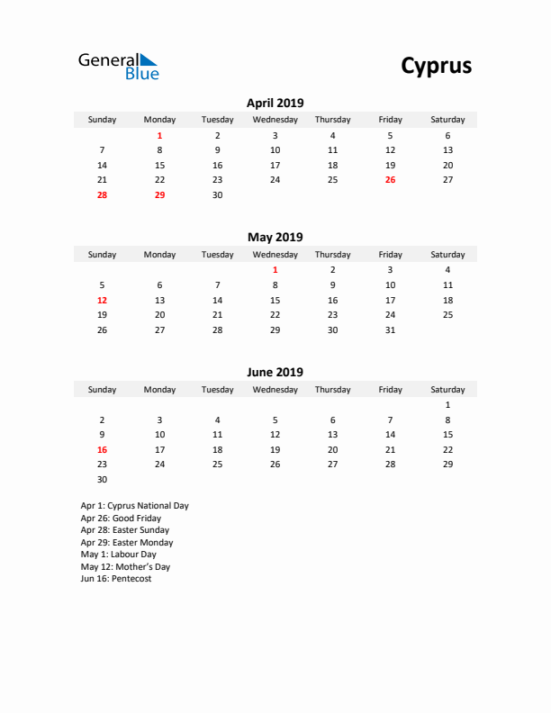 Printable Quarterly Calendar with Notes and Cyprus Holidays- Q2 of 2019