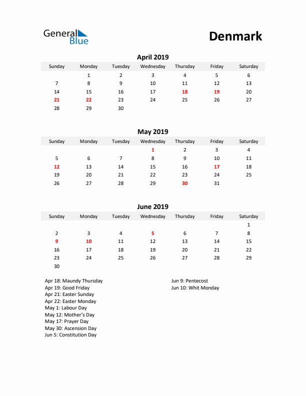 Printable Quarterly Calendar with Notes and Denmark Holidays- Q2 of 2019