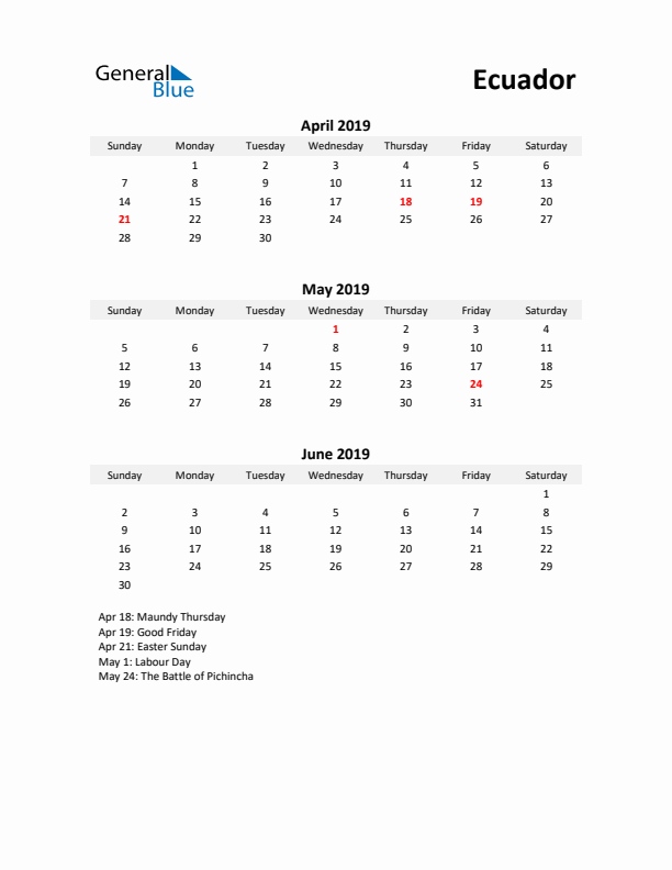 Printable Quarterly Calendar with Notes and Ecuador Holidays- Q2 of 2019