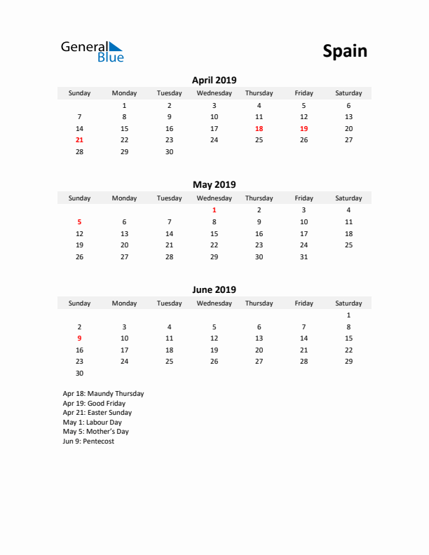 Printable Quarterly Calendar with Notes and Spain Holidays- Q2 of 2019