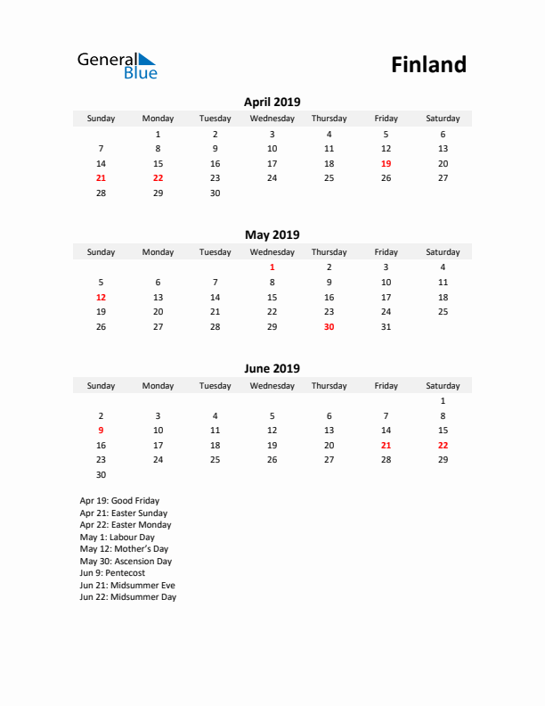 Printable Quarterly Calendar with Notes and Finland Holidays- Q2 of 2019