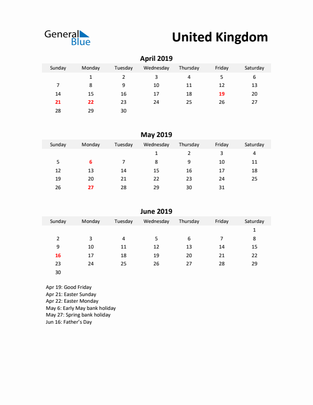 Printable Quarterly Calendar with Notes and United Kingdom Holidays- Q2 of 2019