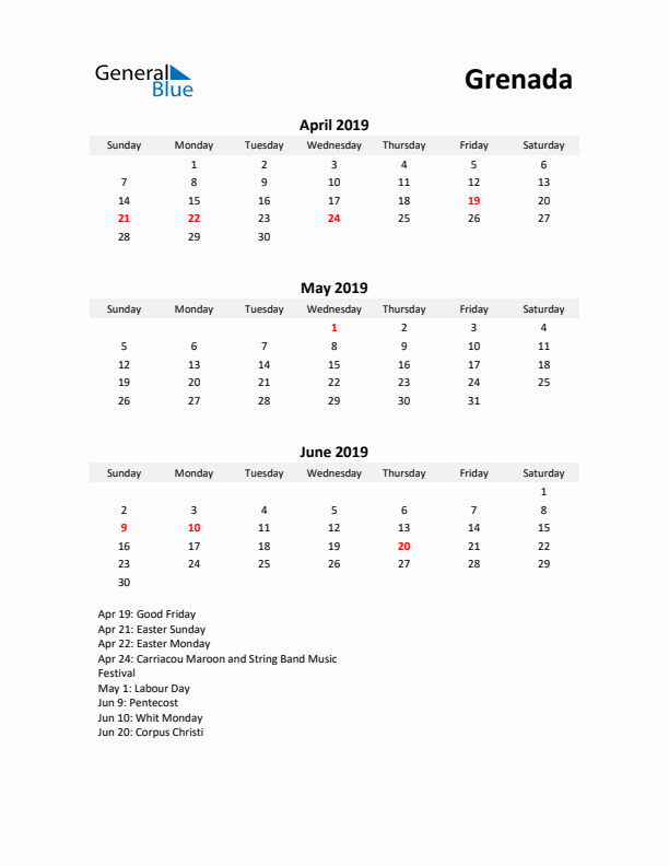 Printable Quarterly Calendar with Notes and Grenada Holidays- Q2 of 2019