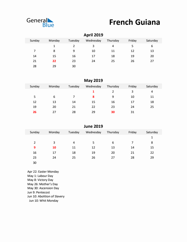 Printable Quarterly Calendar with Notes and French Guiana Holidays- Q2 of 2019