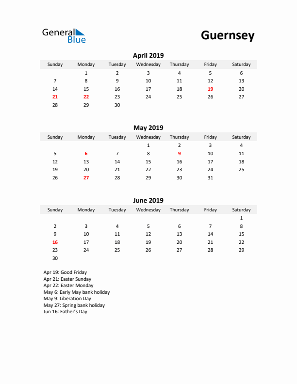 Printable Quarterly Calendar with Notes and Guernsey Holidays- Q2 of 2019