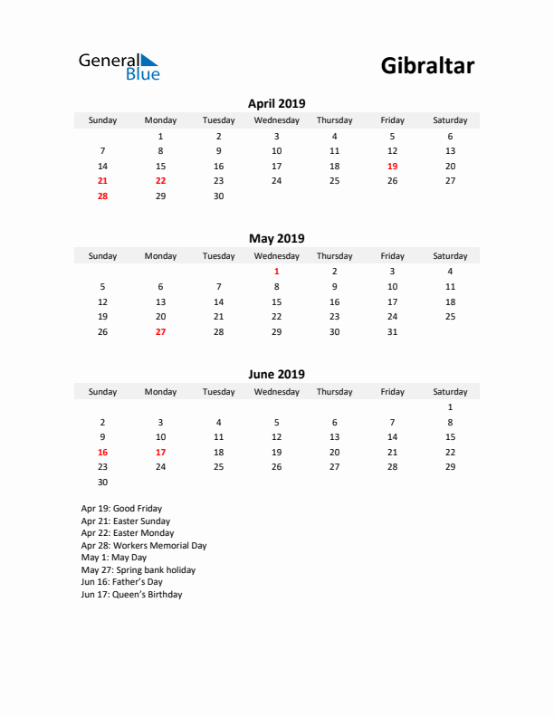 Printable Quarterly Calendar with Notes and Gibraltar Holidays- Q2 of 2019