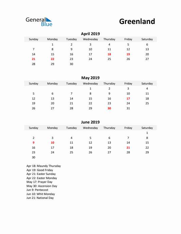 Printable Quarterly Calendar with Notes and Greenland Holidays- Q2 of 2019