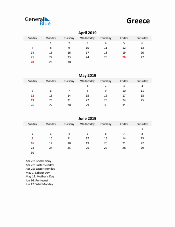 Printable Quarterly Calendar with Notes and Greece Holidays- Q2 of 2019