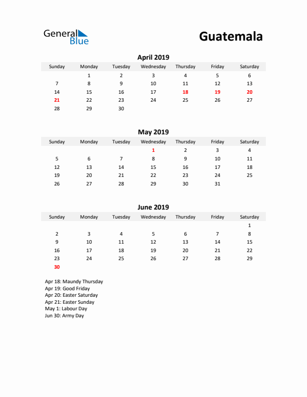 Printable Quarterly Calendar with Notes and Guatemala Holidays- Q2 of 2019