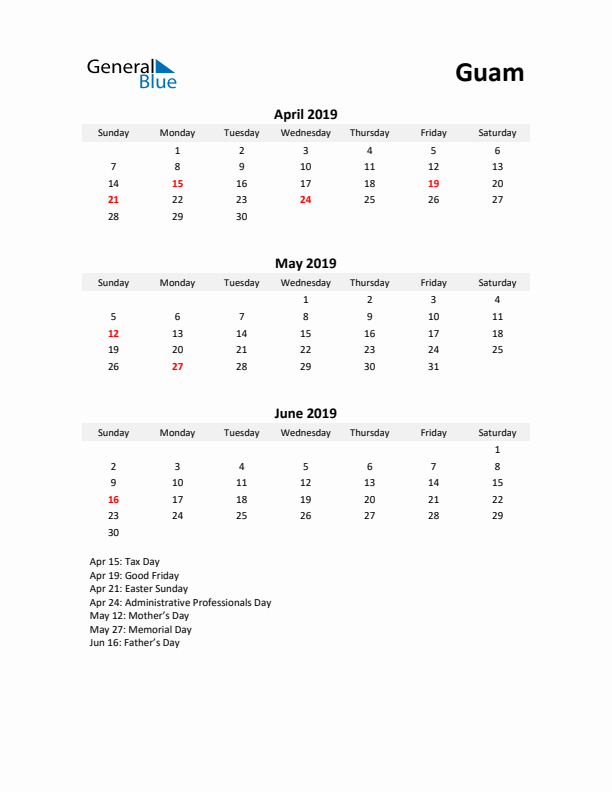 Printable Quarterly Calendar with Notes and Guam Holidays- Q2 of 2019