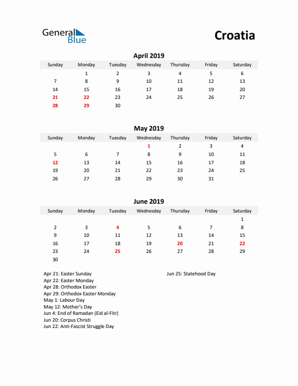 Printable Quarterly Calendar with Notes and Croatia Holidays- Q2 of 2019