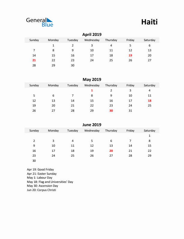 Printable Quarterly Calendar with Notes and Haiti Holidays- Q2 of 2019