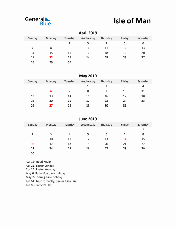 Printable Quarterly Calendar with Notes and Isle of Man Holidays- Q2 of 2019