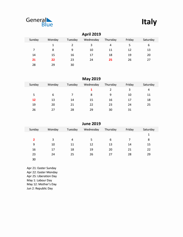 Printable Quarterly Calendar with Notes and Italy Holidays- Q2 of 2019