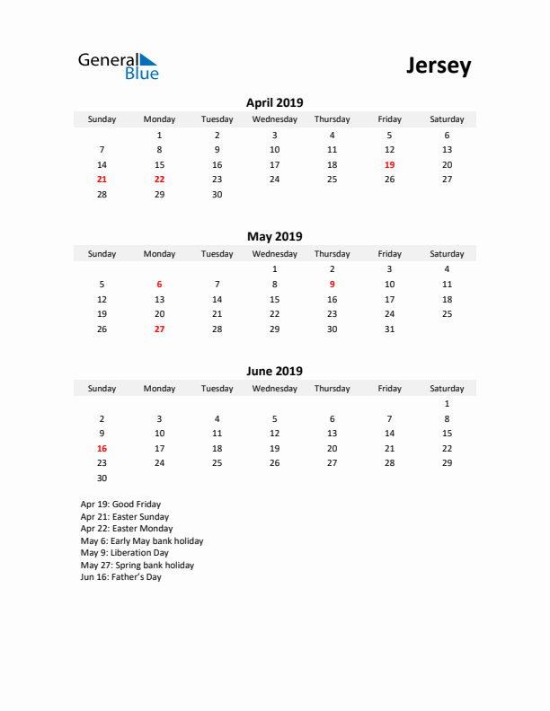 Printable Quarterly Calendar with Notes and Jersey Holidays- Q2 of 2019