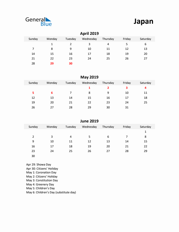 Printable Quarterly Calendar with Notes and Japan Holidays- Q2 of 2019