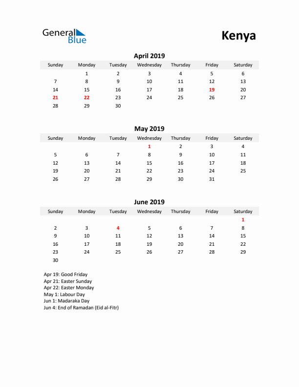 Printable Quarterly Calendar with Notes and Kenya Holidays- Q2 of 2019