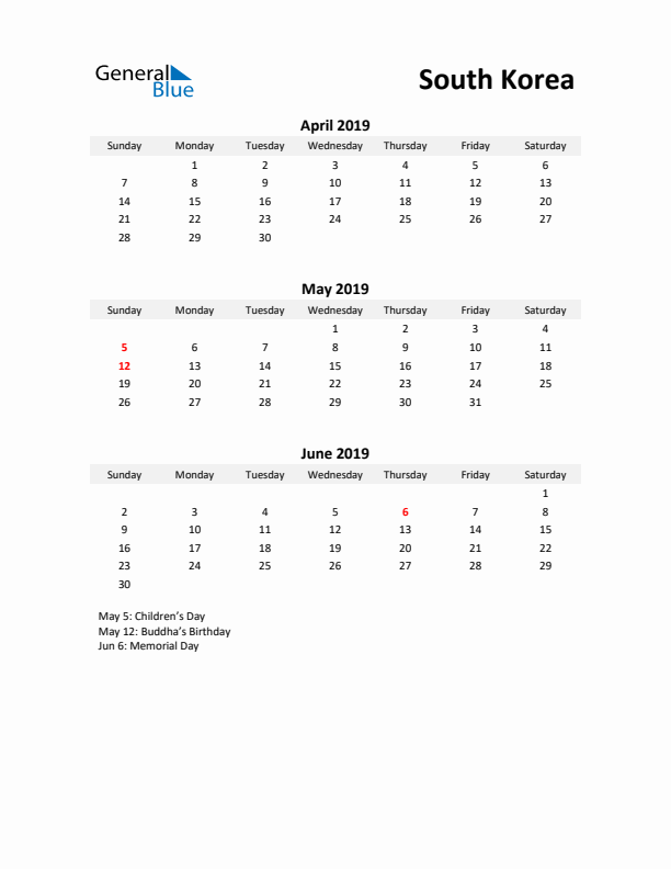 Printable Quarterly Calendar with Notes and South Korea Holidays- Q2 of 2019