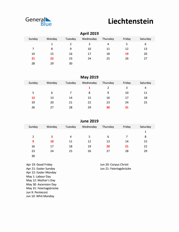 Printable Quarterly Calendar with Notes and Liechtenstein Holidays- Q2 of 2019