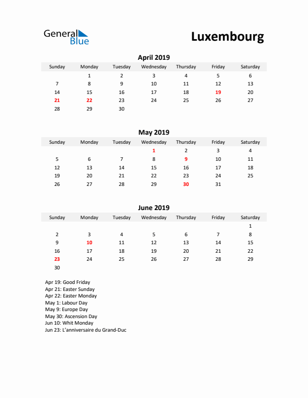 Printable Quarterly Calendar with Notes and Luxembourg Holidays- Q2 of 2019