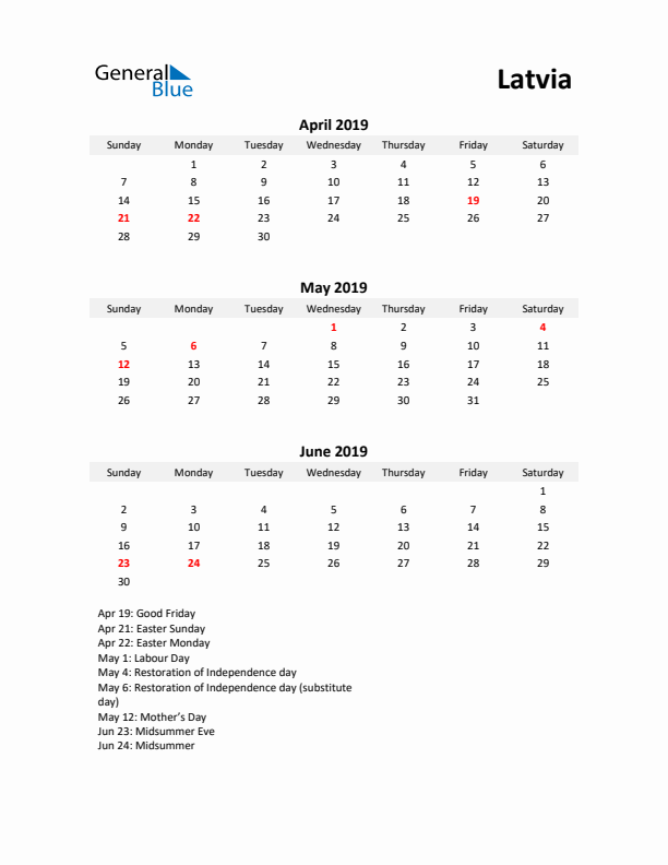 Printable Quarterly Calendar with Notes and Latvia Holidays- Q2 of 2019