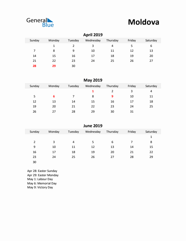 Printable Quarterly Calendar with Notes and Moldova Holidays- Q2 of 2019