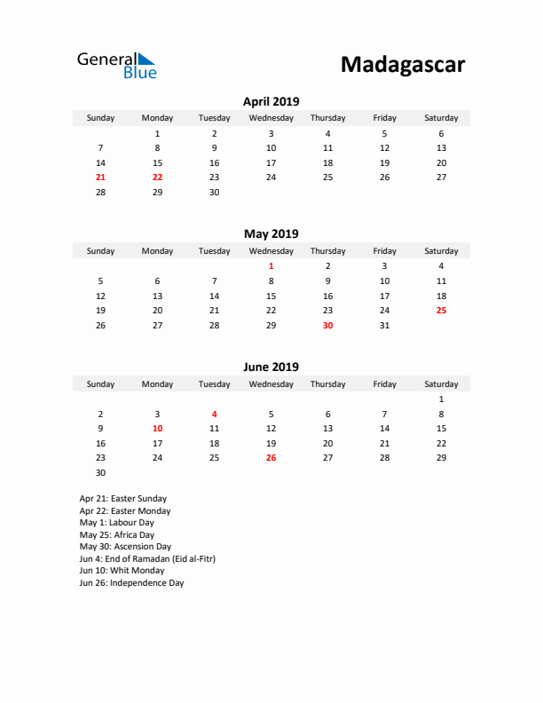 Printable Quarterly Calendar with Notes and Madagascar Holidays- Q2 of 2019