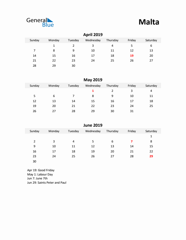 Printable Quarterly Calendar with Notes and Malta Holidays- Q2 of 2019