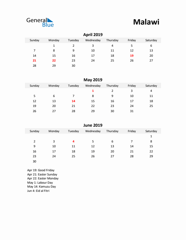 Printable Quarterly Calendar with Notes and Malawi Holidays- Q2 of 2019