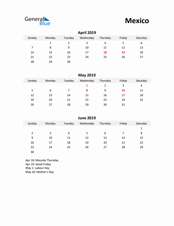 Printable Quarterly Calendar with Notes and Mexico Holidays- Q2 of 2019