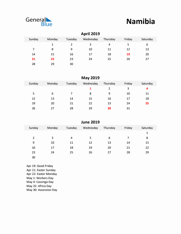 Printable Quarterly Calendar with Notes and Namibia Holidays- Q2 of 2019